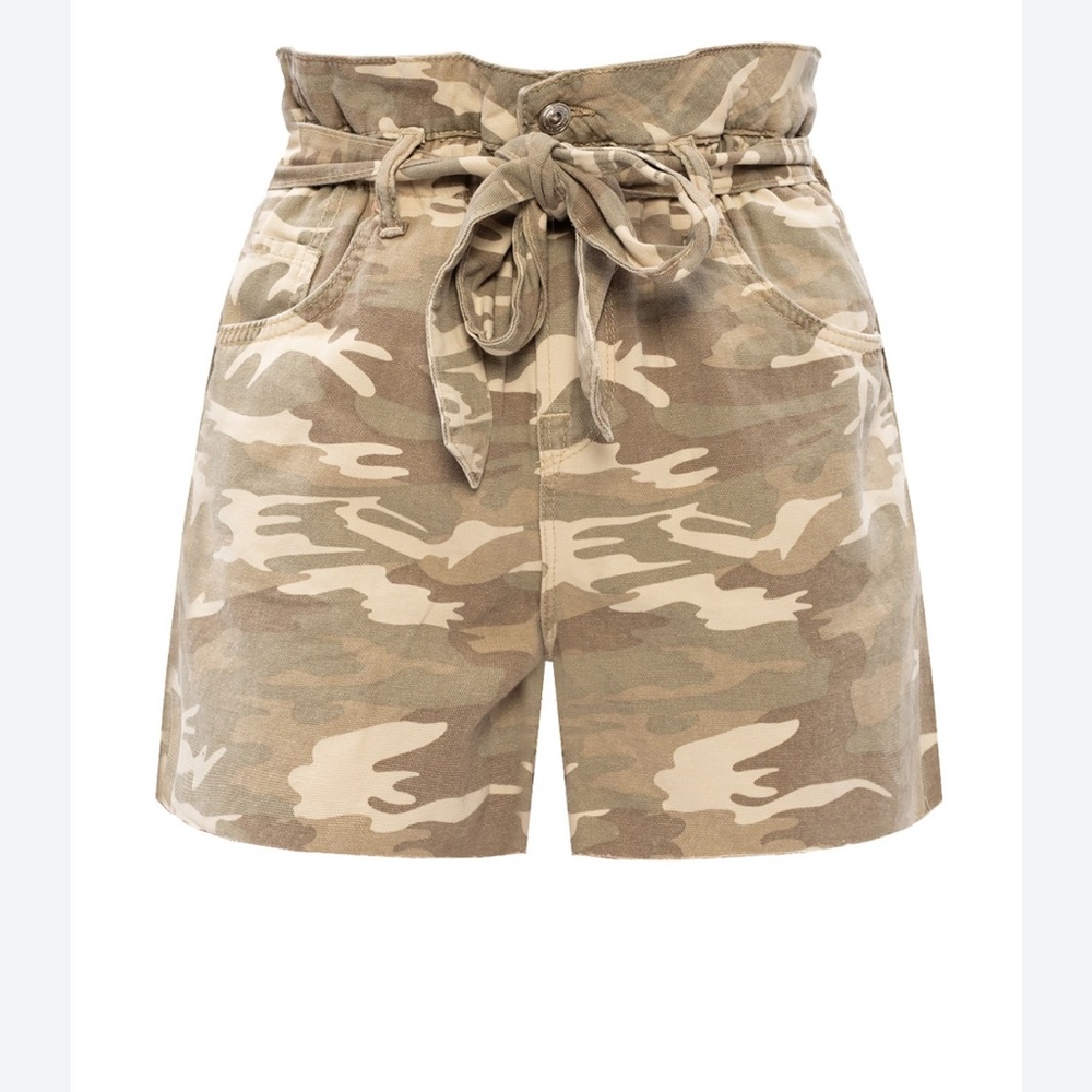 All saints Hannah camo paper bag waist denim tie high waisted shorts